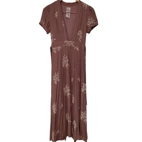Sadie & Sage Womens Maxi Dress Small Mauve Cottagecore Floral Embroidered V-Neck - Picture 2 of 10